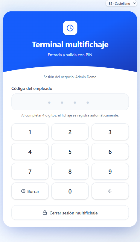 Captura real del terminal compartido de TimeClockApp con PIN